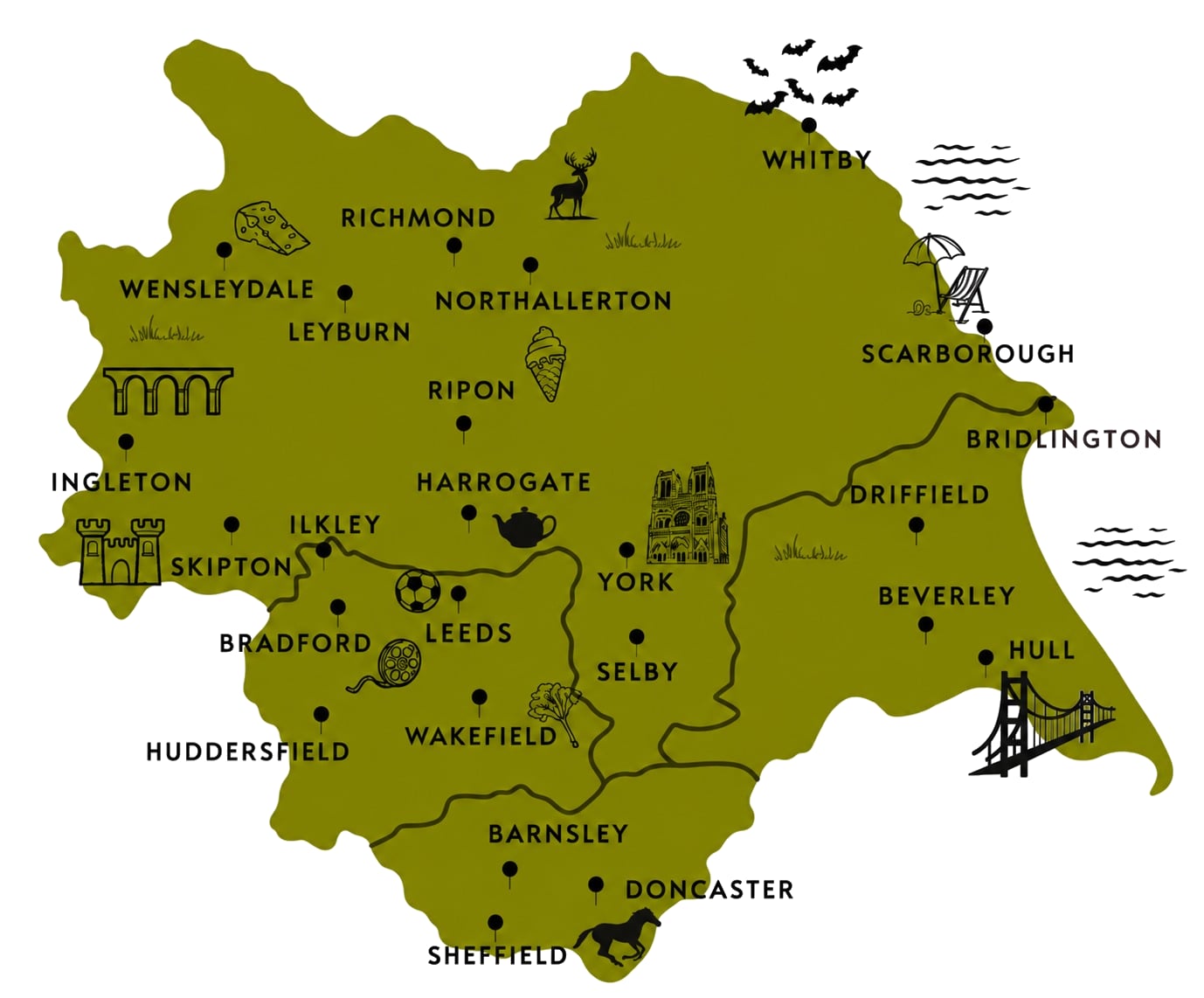 Illustrated map of Yorkshire showing towns we cover, including York, Leeds, Harrogate, Hull, Scarborough, Whitby and Selby
